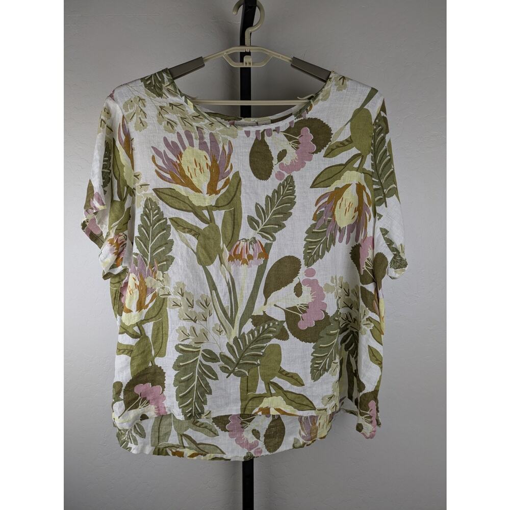 Rachel Zoe Boxy Short Sleeve Linen Top Muted Floral Print